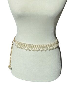 Vintage 1980s Faux Pearl Beaded Belt White Waist Chain XS S Bridal Cottagecore